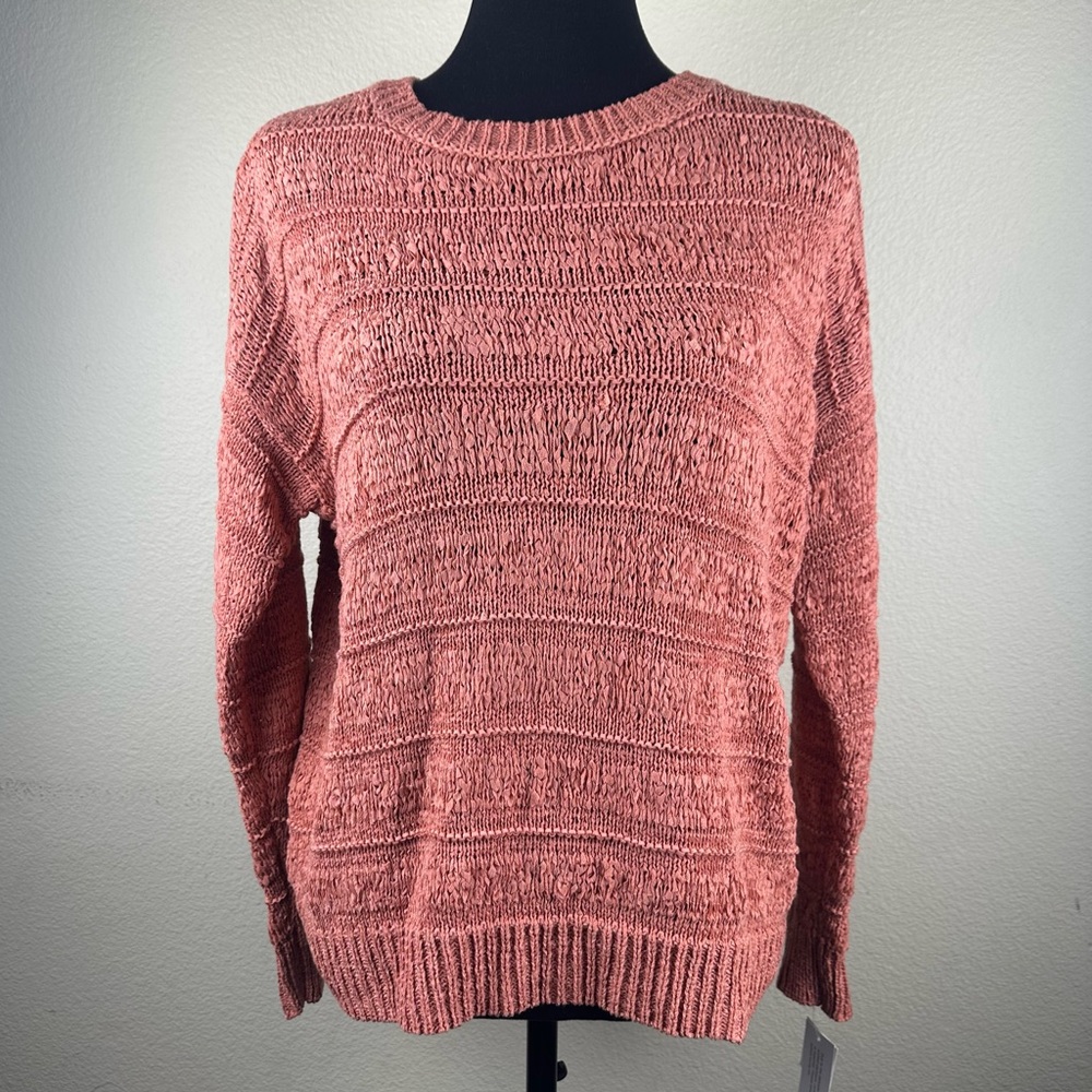 Style & Co Sweater Women Petite Large in Copper Rose Pullover Stretch Semi Sheer